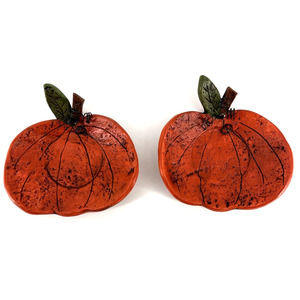 Rustic Ceramic Pumpkin Trinket Dish Signed Halloween Fall Thanksgiving Decor Set